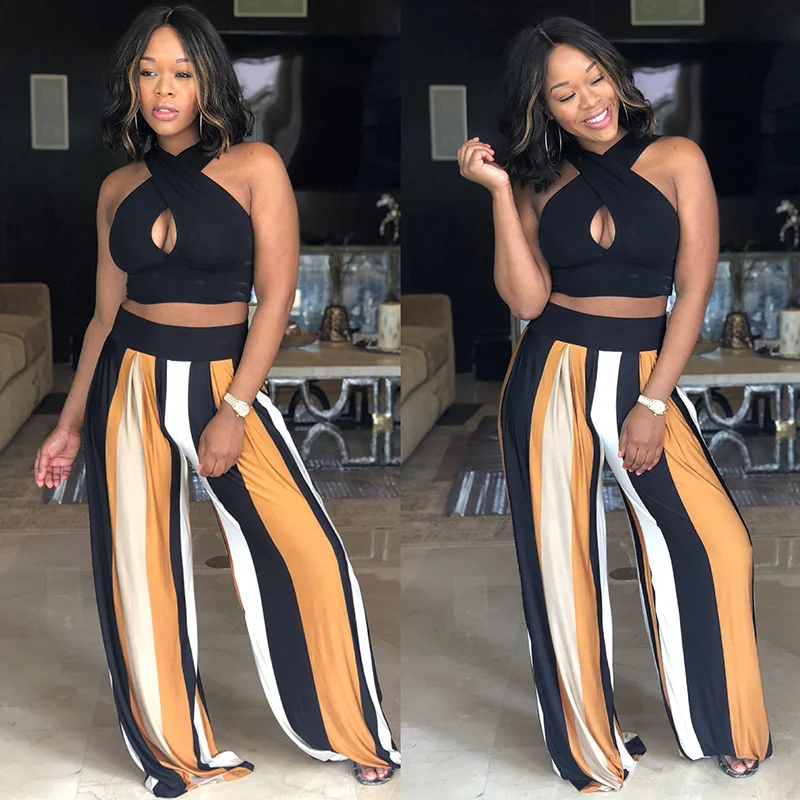 Женские свободные брюки палаццо длинные широкие в полоску с высокой талией