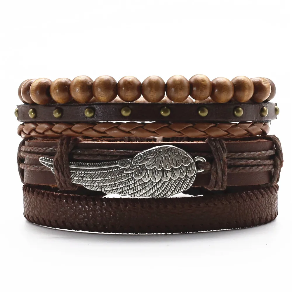 Плетеный браслет цвета хаки с деревянными бусинами перьями и