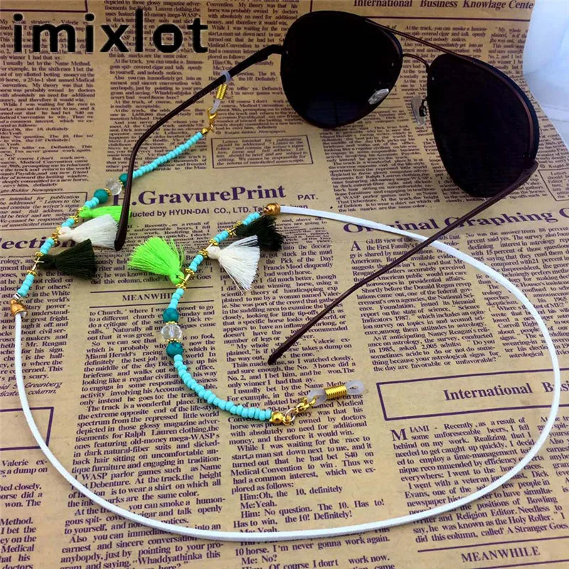 

IMIXLOT 1pc Beautiful White Metal Chain Handmade Beads Glasses Chain Filigree Fringe Tassel Green Sunglasses Strap Rope