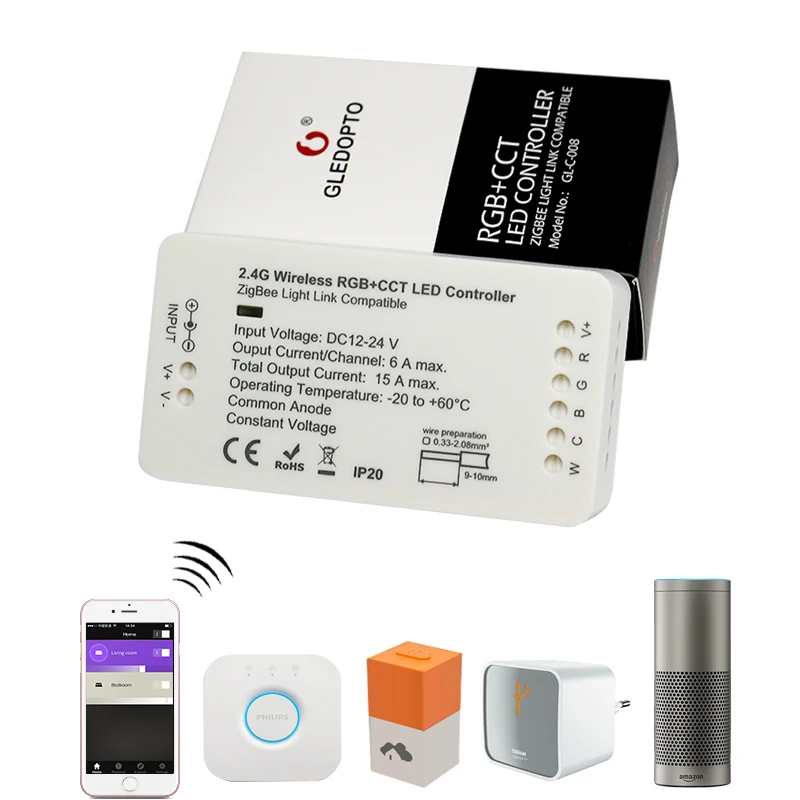 Контроллер Zigbee работает с основными мостами/шлюзами для светодиодной ленты RGBW/