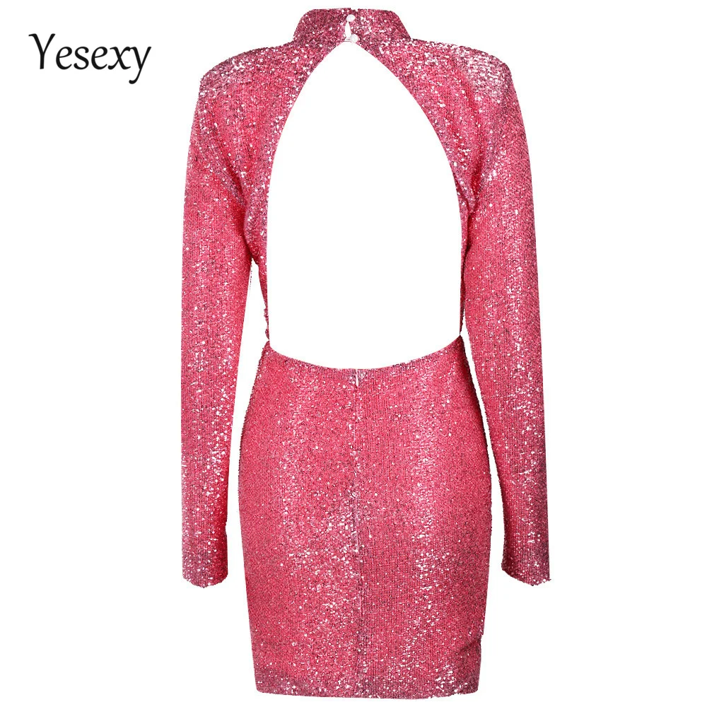 Yesexy сексуальное платье с длинным рукавом и высоким воротником, подплечники с блестками, вечернее платье с открытой спиной VR4952