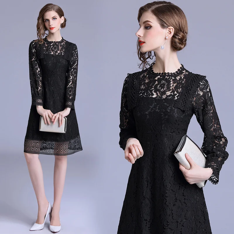 2018 женское платье с высокой талией тонкое открытое кружевом в длинных платьях