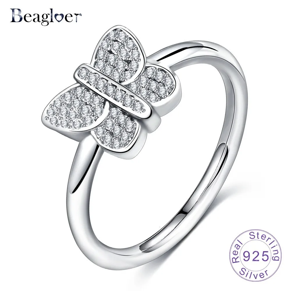 Beagloer 925 пробы серебро ослепительно CZ бабочка палец кольцо для Для женщин Мода