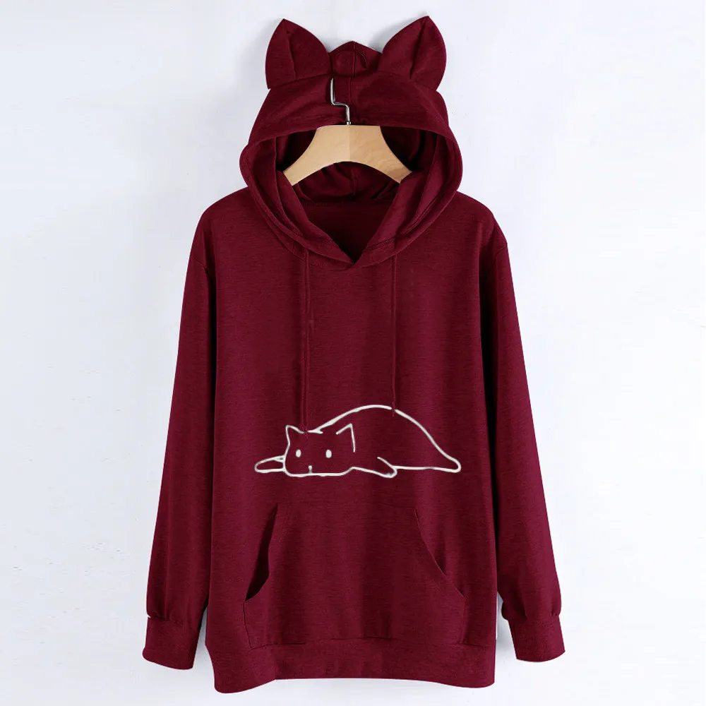 Осенняя мода, худи с кошачьими ушами Bluza damsk для женщин и девочек, однотонный топ с длинным рукавом и карманами с принтом кота, блузка, толстовка, свободная толстовка с капюшоном