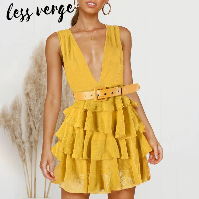 Lessverge летнее платье с v образным вырезом и желтым поясом элегантное льняное