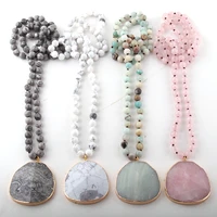 fashion natural stone long knotted necklaces facet stone drop pendant women ethnic necklace
