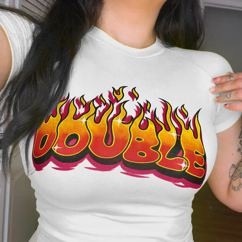 Weekeep Flame Letter Print Cropped t shirt Women Summer Sexy Bodycon O-neck Short Sleeve tshirt White Streetwear tee shirt femme