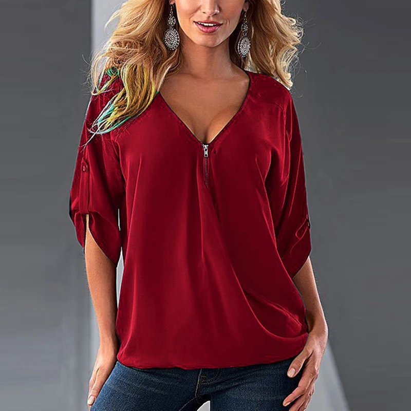 

2019 Summer Fashion Women Chiffon Tops Sexy Plus Size 4XL Deep V-Neck Purple Female Shirts Big Size Loose Solid Casual Tees 5XL