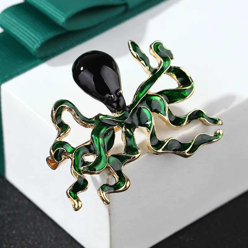 RHao Vivid Black Enamel Green Octopus animal Brooch pins Women Men Kids Squid Fish Corsage Clothes accessories scarf | Украшения и