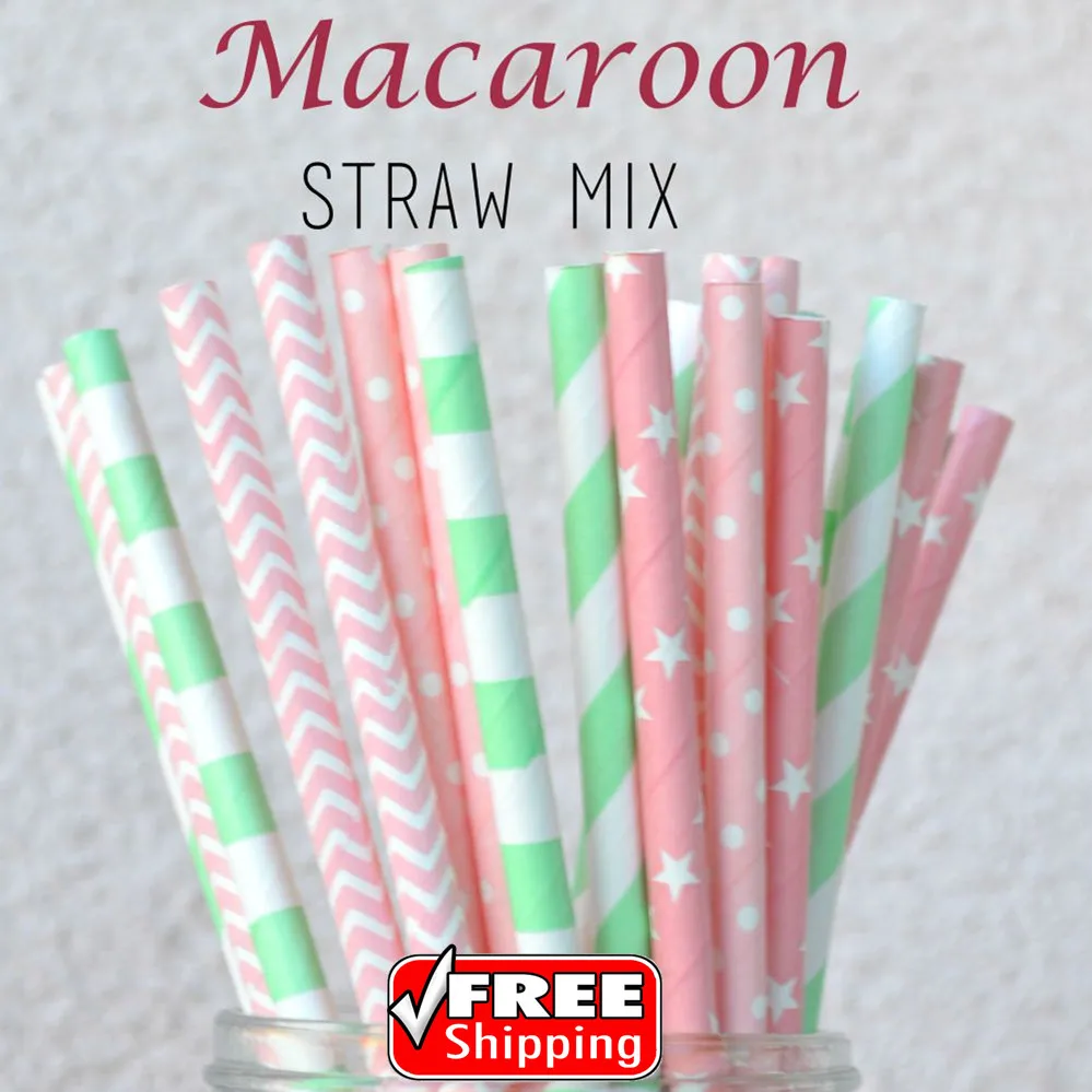 

250pcs Mixed 5 Designs Macaroon Themed Paper Straws-Light Pink,Mint Green-Striped,Dot,Star,Chevron Baby Shower Party Wedding