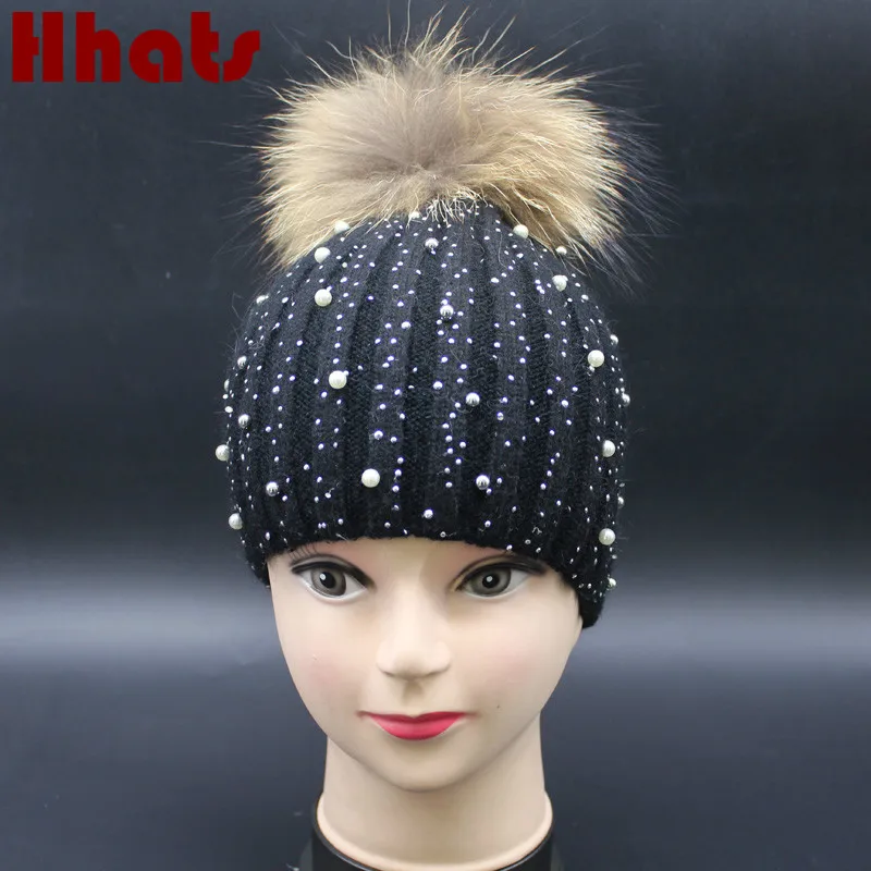 Женская зимняя вязаная шапка с помпоном из натурального меха енота|female cap|winter