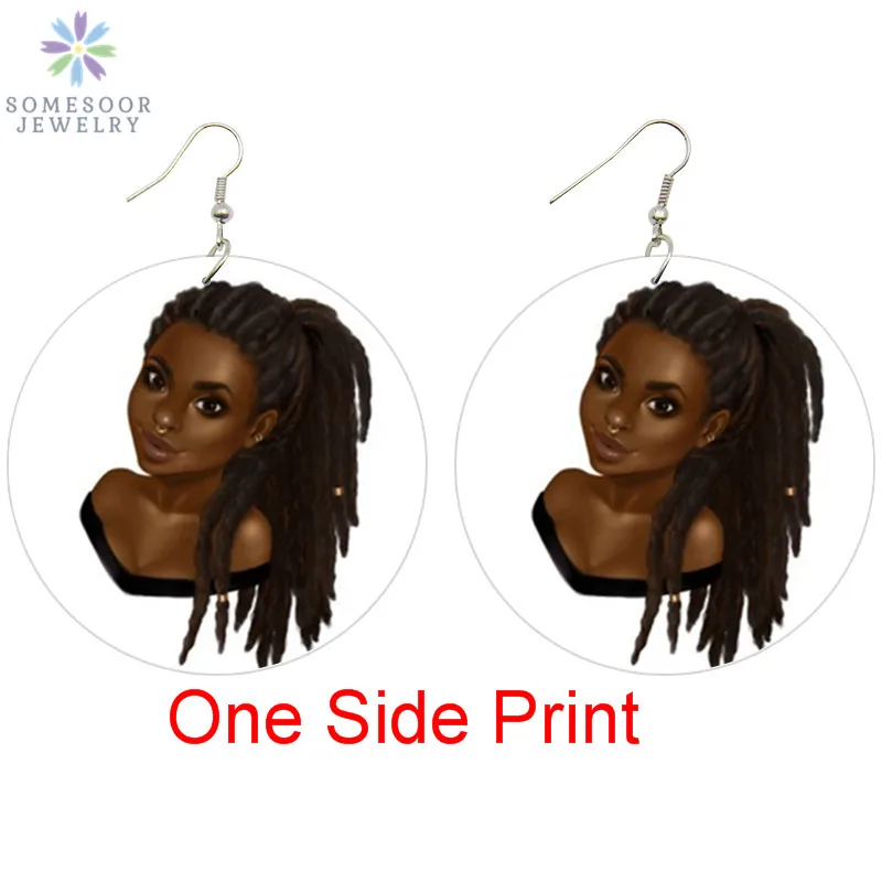 One Side Print SOMESOOR афро длинные волосы натуральные деревянные висячие серьги черное искусство с обеих сторон картина африканская древесина ювелирные изделия для женщин девушки подарки - Окраска металла: One Side Print