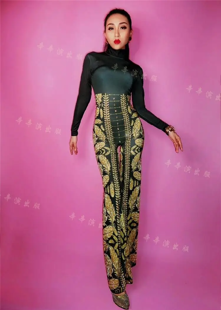 

New Sexy Female Jumpsuit Golden Black stones Bodysuit European Bar Singer Stage Costume Star Birthday Party Performance outfits