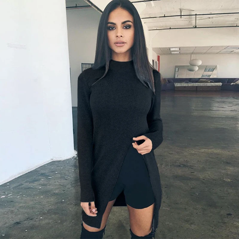 Minimalis Sweater Women Long Sleeve Top Knitted Sweaters Pullovers High Split Hem Casual Knitwear Solid Women'S Clothing LJ5765R | Женская