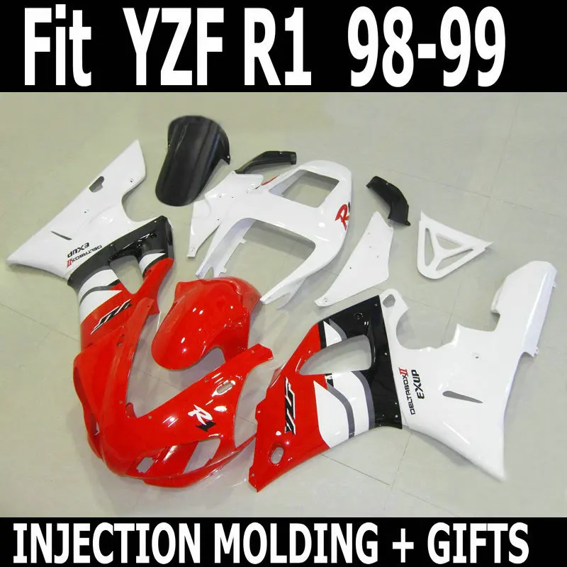 100% подходит инъекции мотоцикл partf для Yamaha белый красный R1 98 99 обтекателя Kit YZF 1998 1999