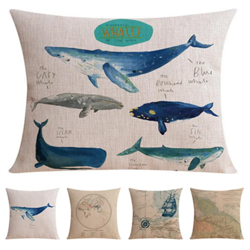 

New High Quality Cotton Linen Blue Ocean Abstract Little Fish Whale Car Decorative Pillow Case Cushion Cover Sofa Home Decor