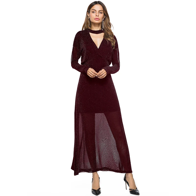 Женское вечернее платье с глубоким V-образным вырезом однотонное длинное рукавом
