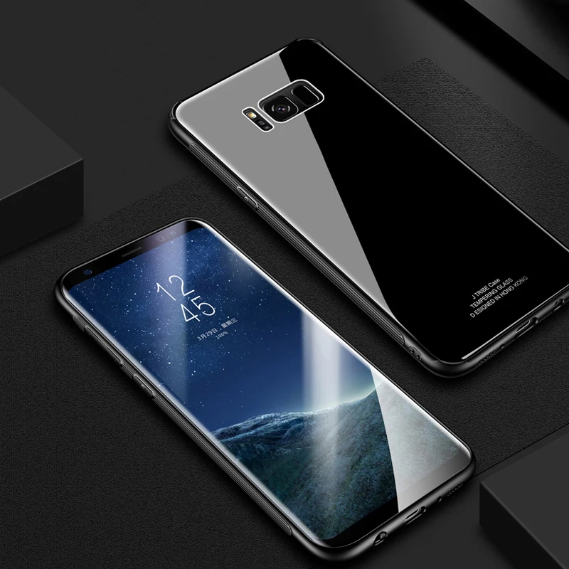 Закаленное Стекло+ противоскользящее покрытие tpu рамки для samsung S8 Galaxy S8 плюс S8+ защитный чехол для телефона с блестками Прозрачный мягкий тонкий чехол из силикона полное заднее покрытие