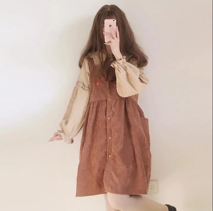 Женские пляжные Повседневные платья в винтажном стиле Kawaii Ulzzang, вельветовое платье на бретелях, Женская милая одежда Kawaii Harajuku для женщин - Цвет: Brown
