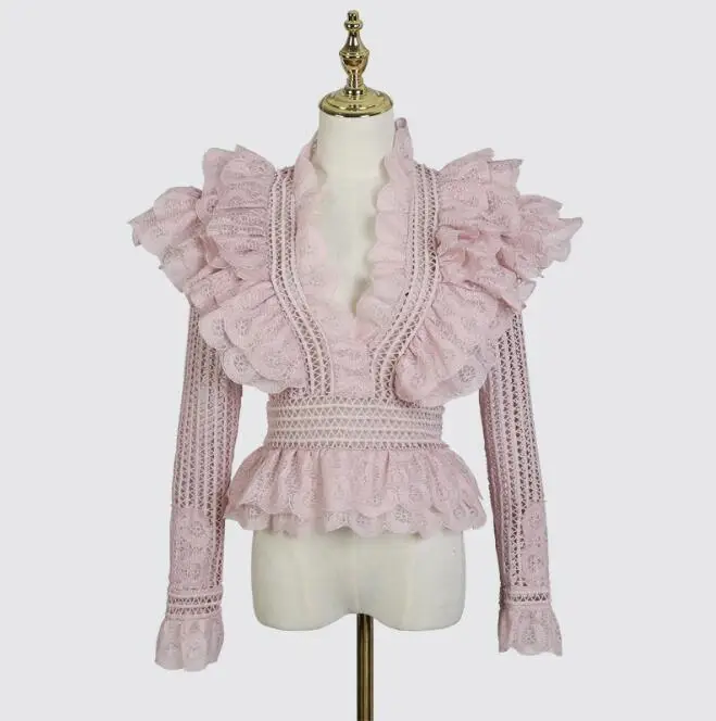 Женская ажурная рубашка с V образным вырезом и оборками|Рубашки| |