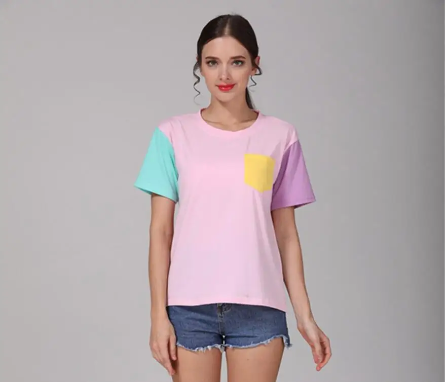 

summer New patchwork loose pocket short-sleeved T-shirt female