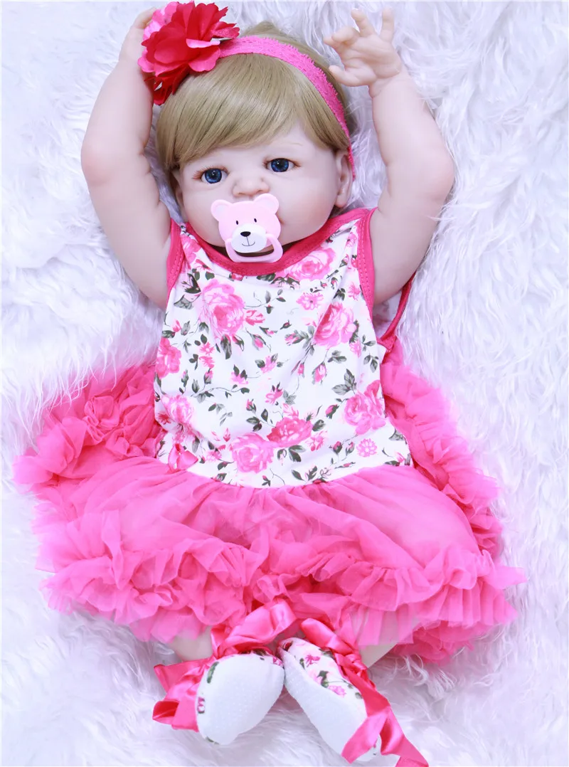 

22"55cm Reborn dolls full body silicone reborn babies pink dress blond hair realistic girl bebe alive reborn bonecas kids gift