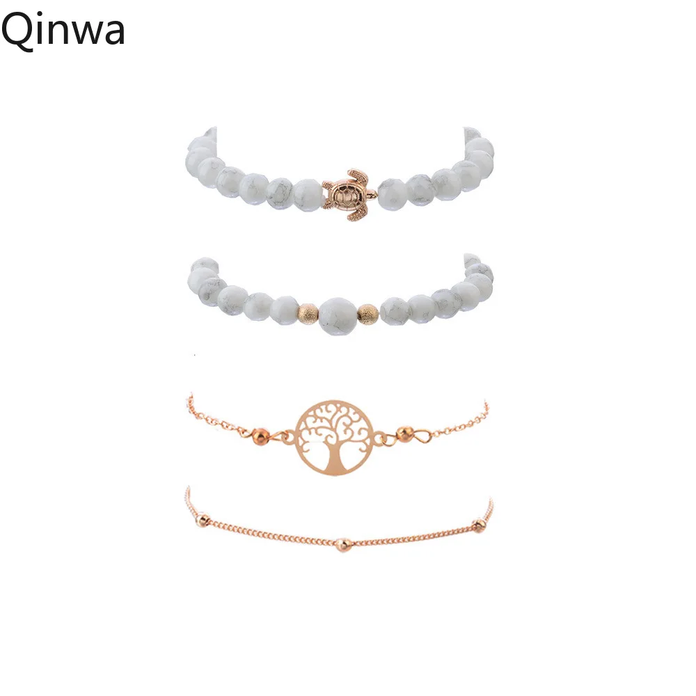 2019 New 4 pcs/set Tree of life Charm Bracelet Set For Women Turtle Beads Link Chain Bangles Jewelry Accessories | Украшения и