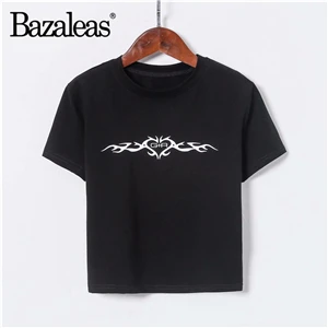 Bazaleas модная женская футболка сексуальный Топик с буквенным принтом короткий узкий Топ Панк футболка Повседневная укороченная harajuku футболка Прямая - Цвет: B10 black 590
