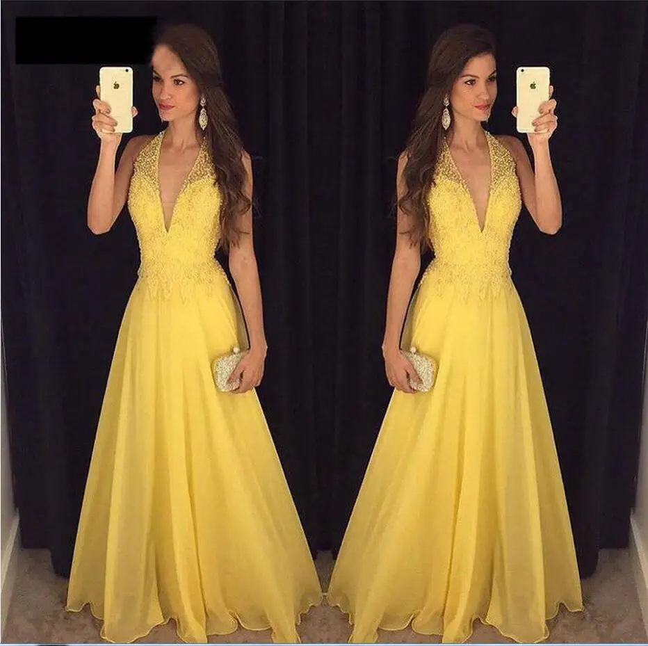 Yellow V образным вырезом элегантные вечерние платья из шифона с кружевом Formaldress Новая Свадебная вечеринка платье по индивидуальному заказу Размеры Vestido De Noiva - Цвет: Yellow