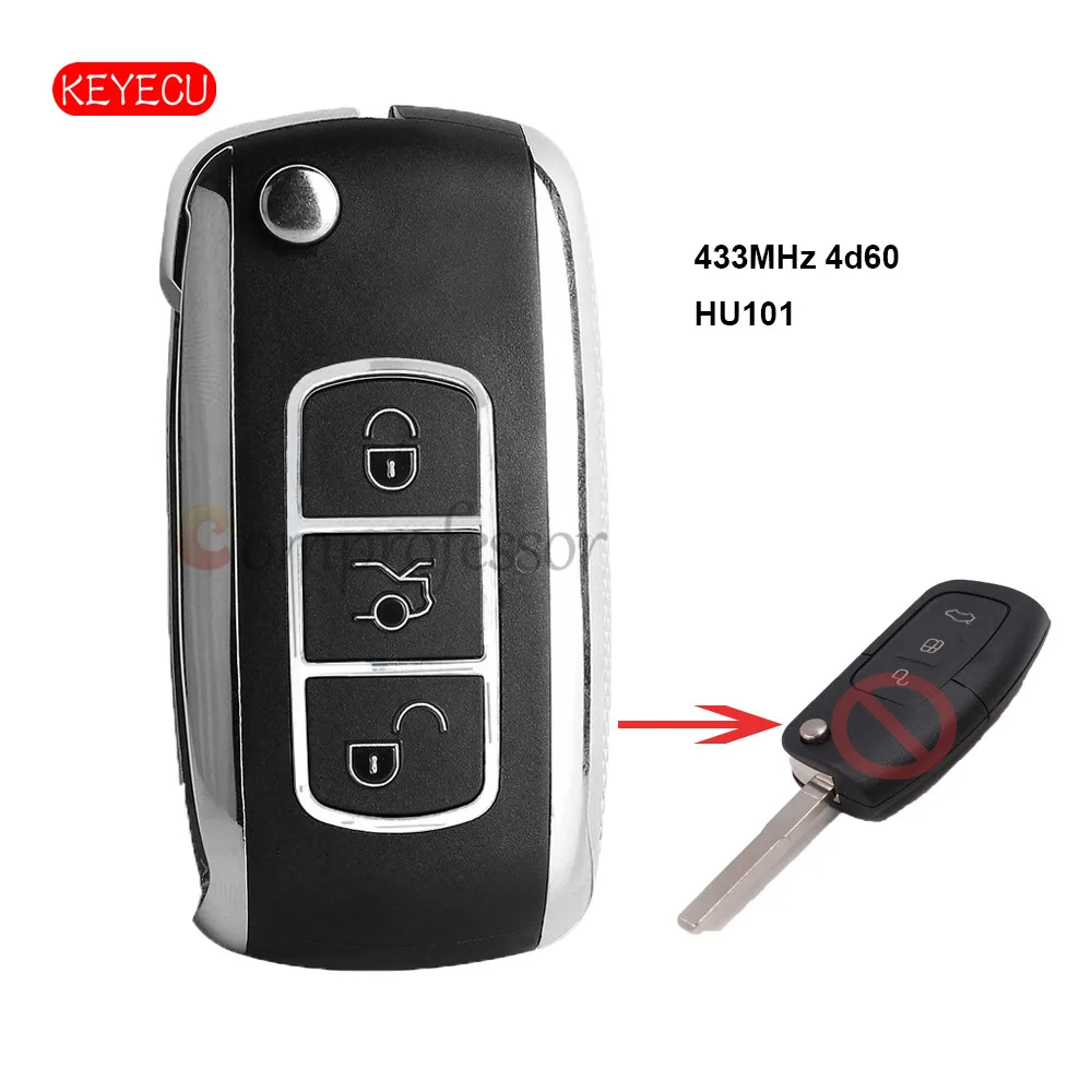 

Keyecu Upgraded Flip Remote Key Fob 3 Buttons 433MHz 4D60/ 4D63 Chip for Ford Fiesta Focus Mondeo C-Max HU101 Blade