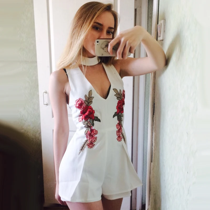 2017 Лето Элегантный V Шеи Роза Цветочной Вышивкой Женщины Комбинезоны Рукавов