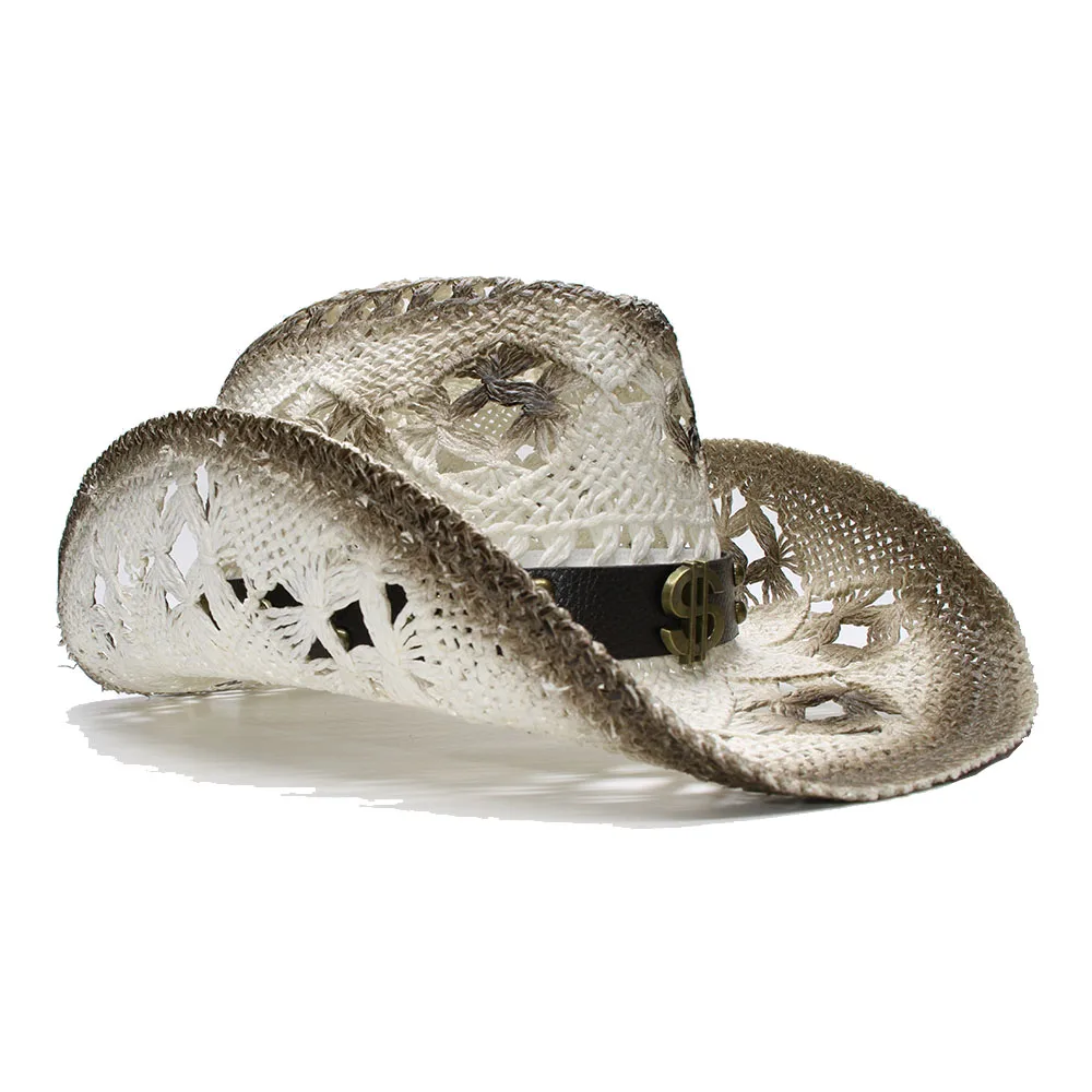 

LUCKYLIANJI Retro Women's Men's Summer Straw Beach Wide Brim Cowboy Western Cowgirl Hat Hollow Dollar Sign Leather Band(58cm)