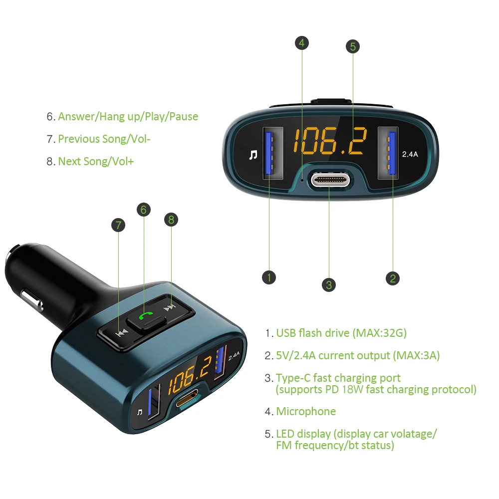 Fm-передатчик Bluetooth Автомобильный трансмиссор Hands-Бесплатный Тип C PD 18 Вт модулятор трансметтеур трансмисор радио двойной usb-авто зарядное устройство