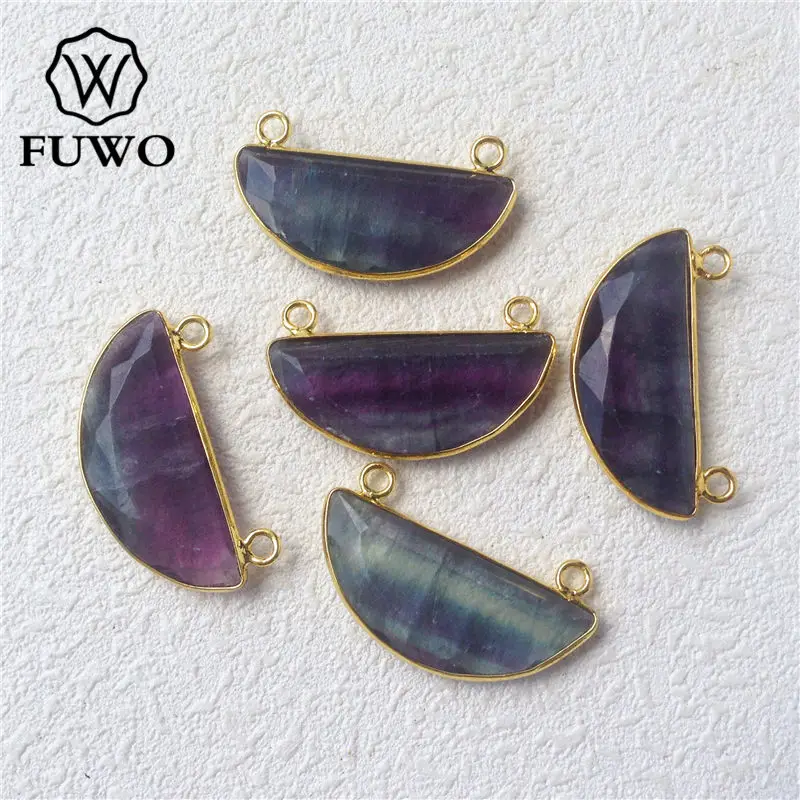 Fluorite FUWO форме полумесяца кулон из Лабрадорита С 24 K, покрыто золотом, латунная рамка с двойной булавкой граненый кварц ювелирные изделия оптом PD194 - Окраска металла: Fluorite