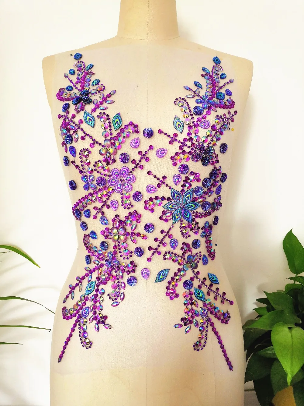 

Handmade Purple 30x55cm Sewing Beaded Rhinestones Crystals Sequins Sew on For Diy Wedding Applique Trim Chest Dress Decoration