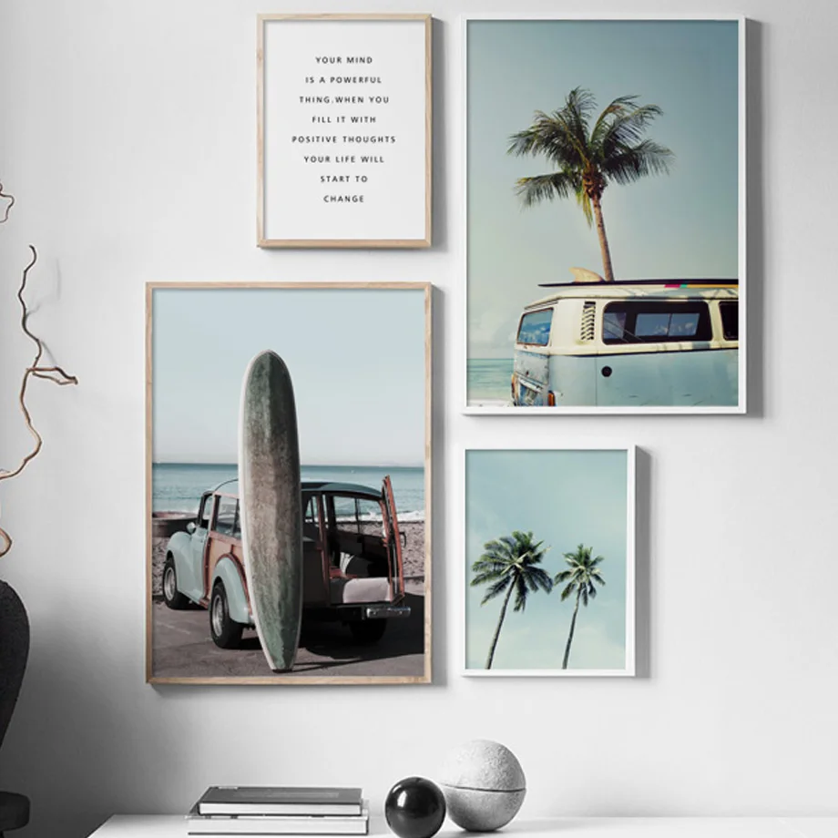

Sea Beach Surf Car Coconut Tree Quotes Poster Wall Art Canvas Painting Nordic Posters And Prints Wall Pictures For Living Room