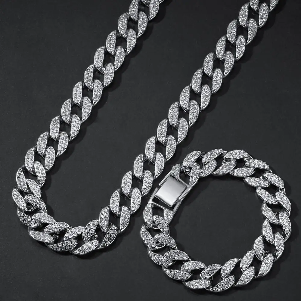 2 шт./компл. для мужчин хип-хоп iced out bling Chain Ожерелье и браслеты 15 мм ширина кубинские цепи ожерелье s ювелирные изделия Хип-хоп подарки