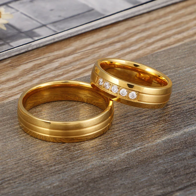 Alliance Wedding Rings Cubic Zirconia Couple for Women and Men Gold Color Stainless Steel Lover Anniversary Jewelry | Украшения и
