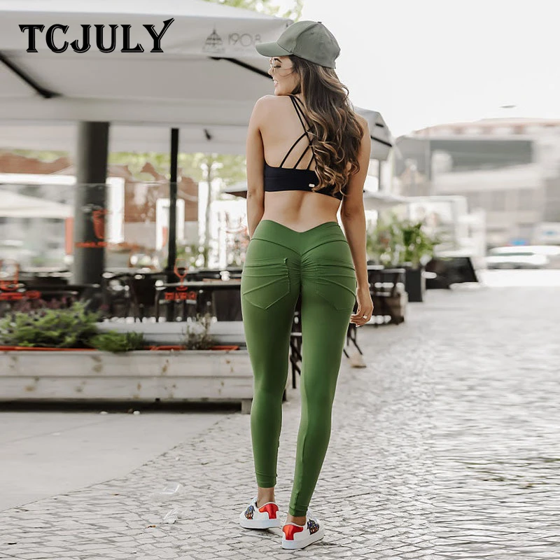 TCJULY однотонные леггинсы с высокой талией пуш-ап карманами обтягивающие