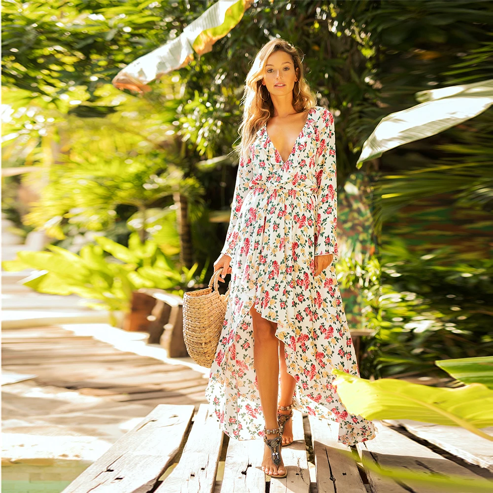 2019 летнее Новое Стильное женское платье с резинкой в талии принтом длинными