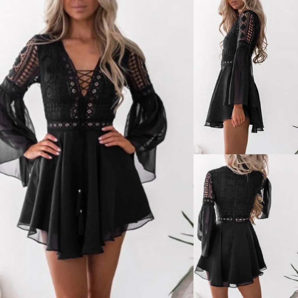 2019 summer dress Women Lace Long Sleeve Bodycon Cocktail Party Dress Bandage Dresses Sexy Solid vestido mujer | Женская одежда