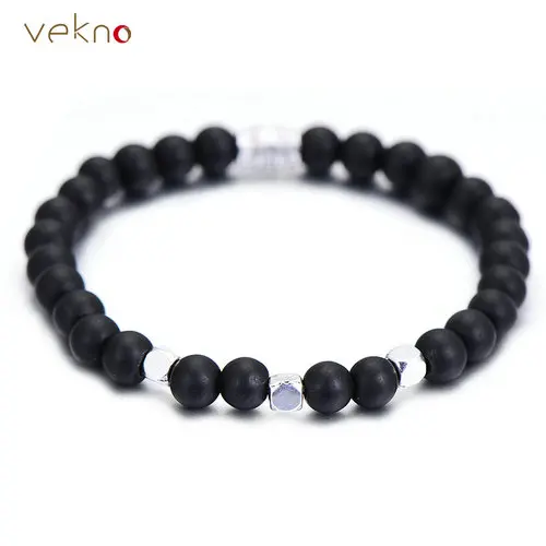 black VEKNO 6 мм Многоцветный эластичный натуральный камень лавы бисер мужской браслет унисекс ювелирные изделия новая мода Йога подарок стрейч браслеты - Окраска металла: black