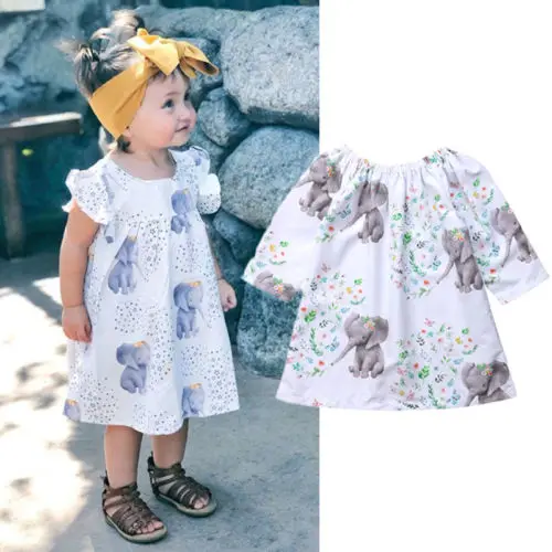 Girl Long Sleeve Elephant Flower Cute Princess Dress Casual Loose Toddler Kids Baby Girls Cotton Clothes 6M-4T | Детская одежда и