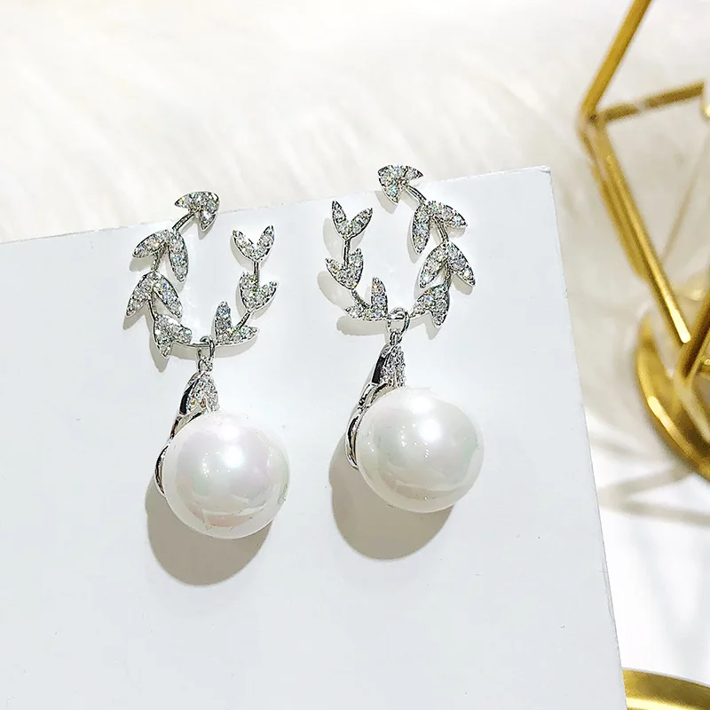 SWOUR New Fashion Jewelry 925 Silver Needle CZ Crystal Leaf Olive Branch Pearl Design Dangle Earrings For Women S433 | Украшения и