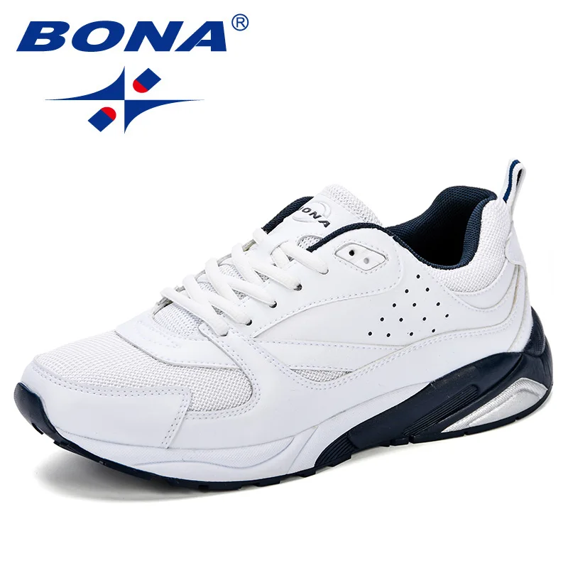 White deep blue BONA/сезон осень-зима; Мужская обувь для бега; спортивная обувь высокого качества; дышащая спортивная обувь с мягкой подошвой для мужчин; Manzapatos De Hombre - Цвет: White deep blue