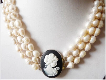 

3 rows 8-9MM white baroque pearl & carved girl necklace 17-19"GE4587 Factory Wholesale price Women Gift word Jewelry