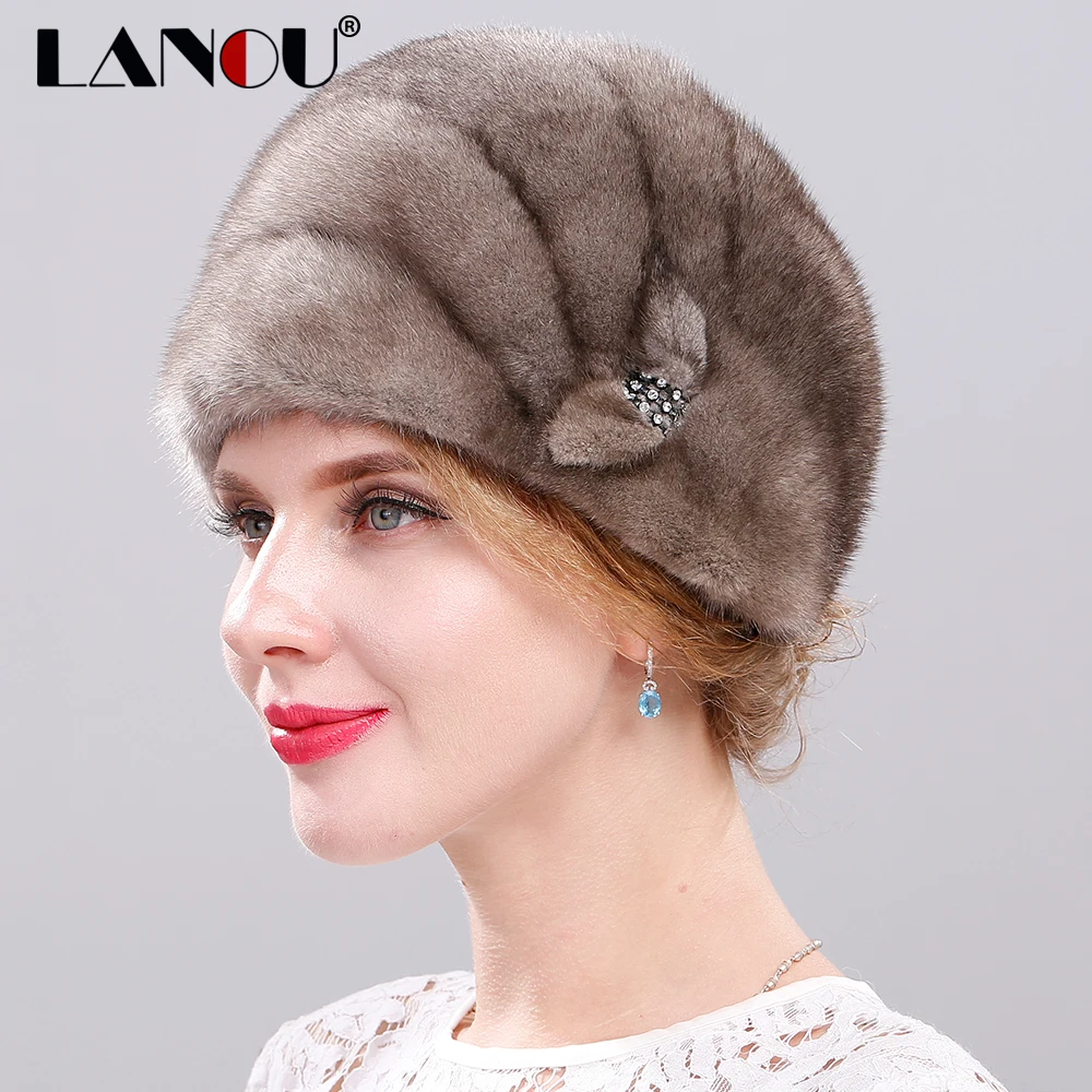 Женская зимняя обувь норки Кепки Регулируемый целый кусок Мех животных шапочка с