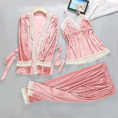 pink winter Розовый синий золото бархат комплект из 3 предметов теплый зимний халат пижамы пижамные штаны женские пижамы сексуальные кружева рукавов ночное 956 - Цвет: pink winter