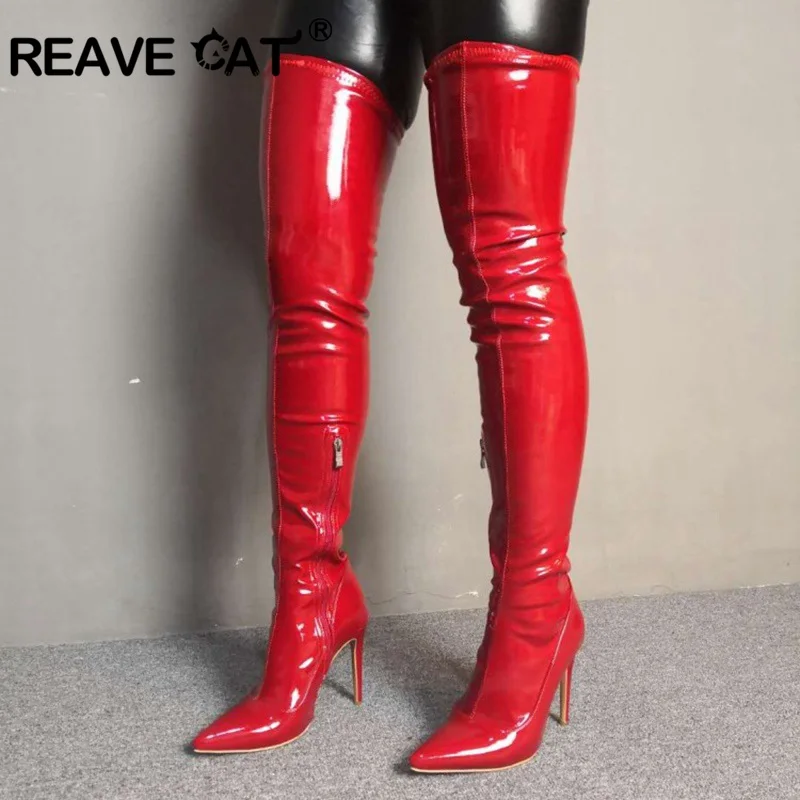 

REAVE CAT New Women's Boots Over The Knee Boots Stretch patent leather lady Thigh High Boots Stiletto Heel red beige big size 46