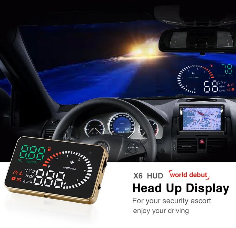 Предупреждение скорости км/ч миль/ч дисплей HUD X6 OBD2 золотистый дизайн